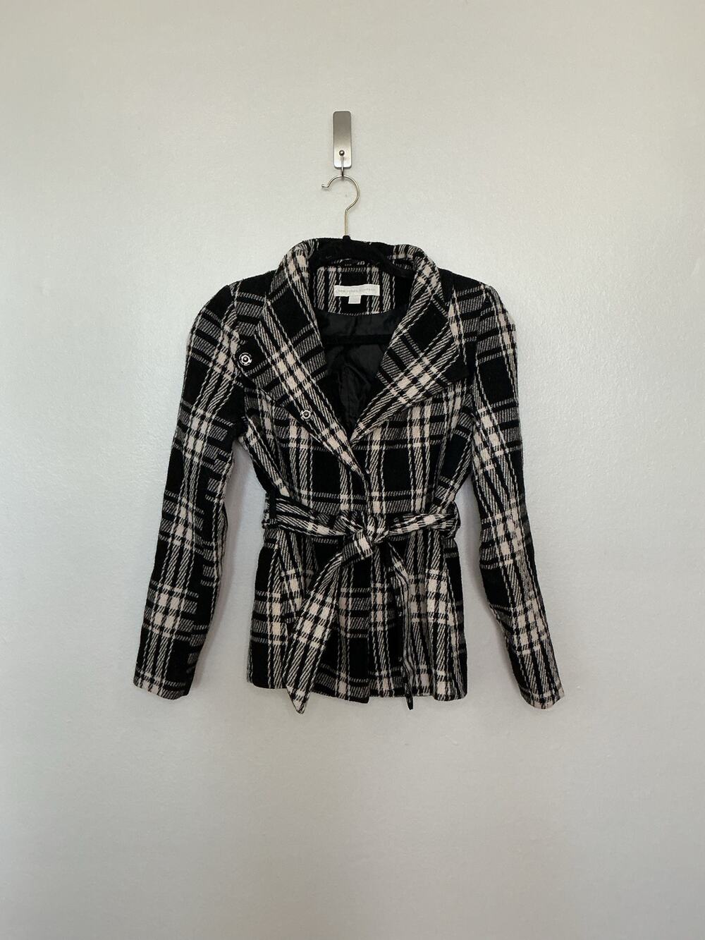 Peacoat NY & CO Plaid Tie Waist Fall Jacket Black and White Size XS